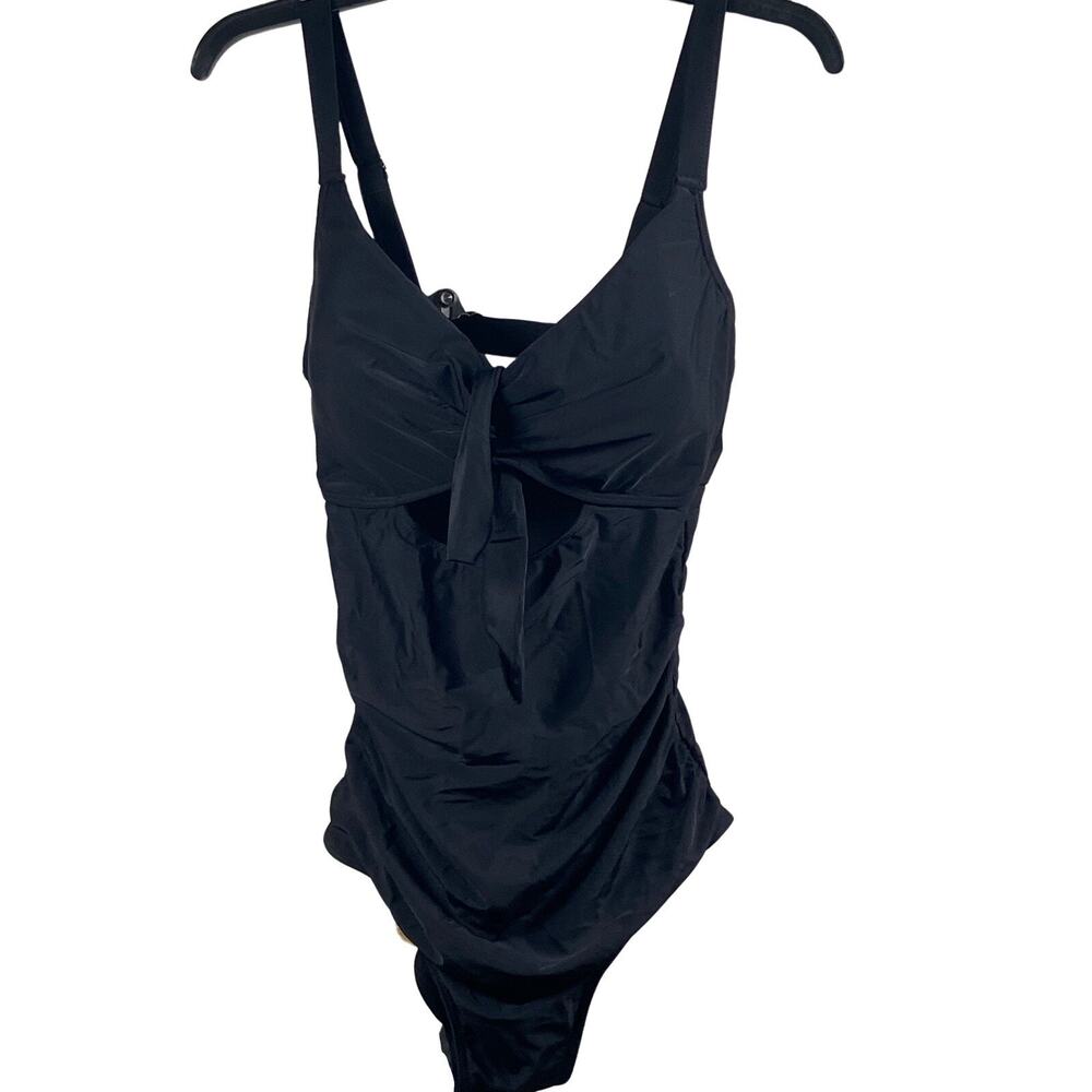 NWT Aqua Eve Womens Medium One Piece Swimsuit Black Cut Out Bow Adjustable Strap